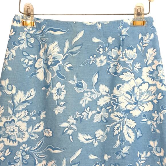 VTG Pencil Maxi Skirt 6 Blue Floral Linen Preppy Grandmillennial Coastal Chic - Picture 2 of 11